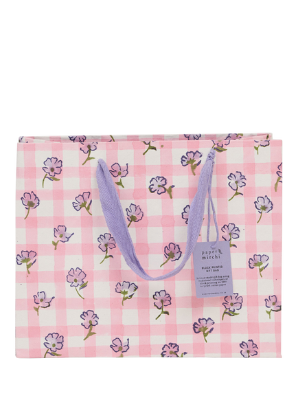 Paper Mirchi Floral Check Block Print Gift Bag, Multi Pink - view 2, Multi Pink
