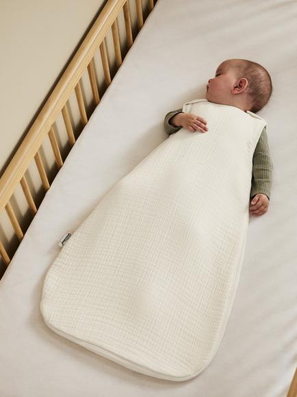 The Little Green Sheep Muslin Baby Sleeping Bag, 1 Tog - view 2, Ecru