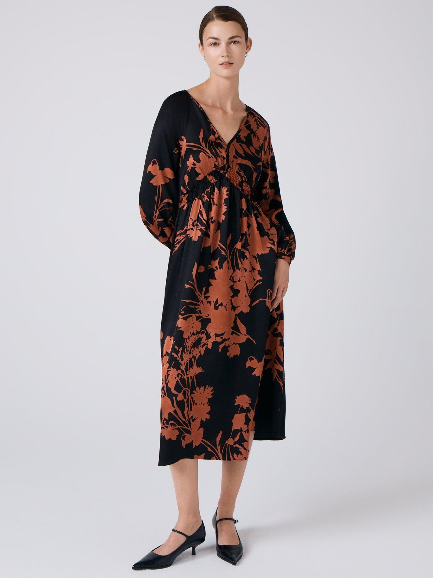Product image 3 of 4, which shows Ghost Emlyn Floral Midi Dress, Black/Rust, XS