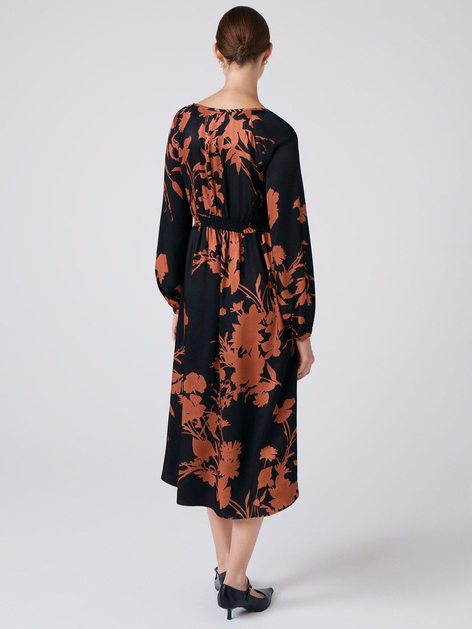 Product image 4 of 4, which shows Ghost Emlyn Floral Midi Dress, Black/Rust, XS