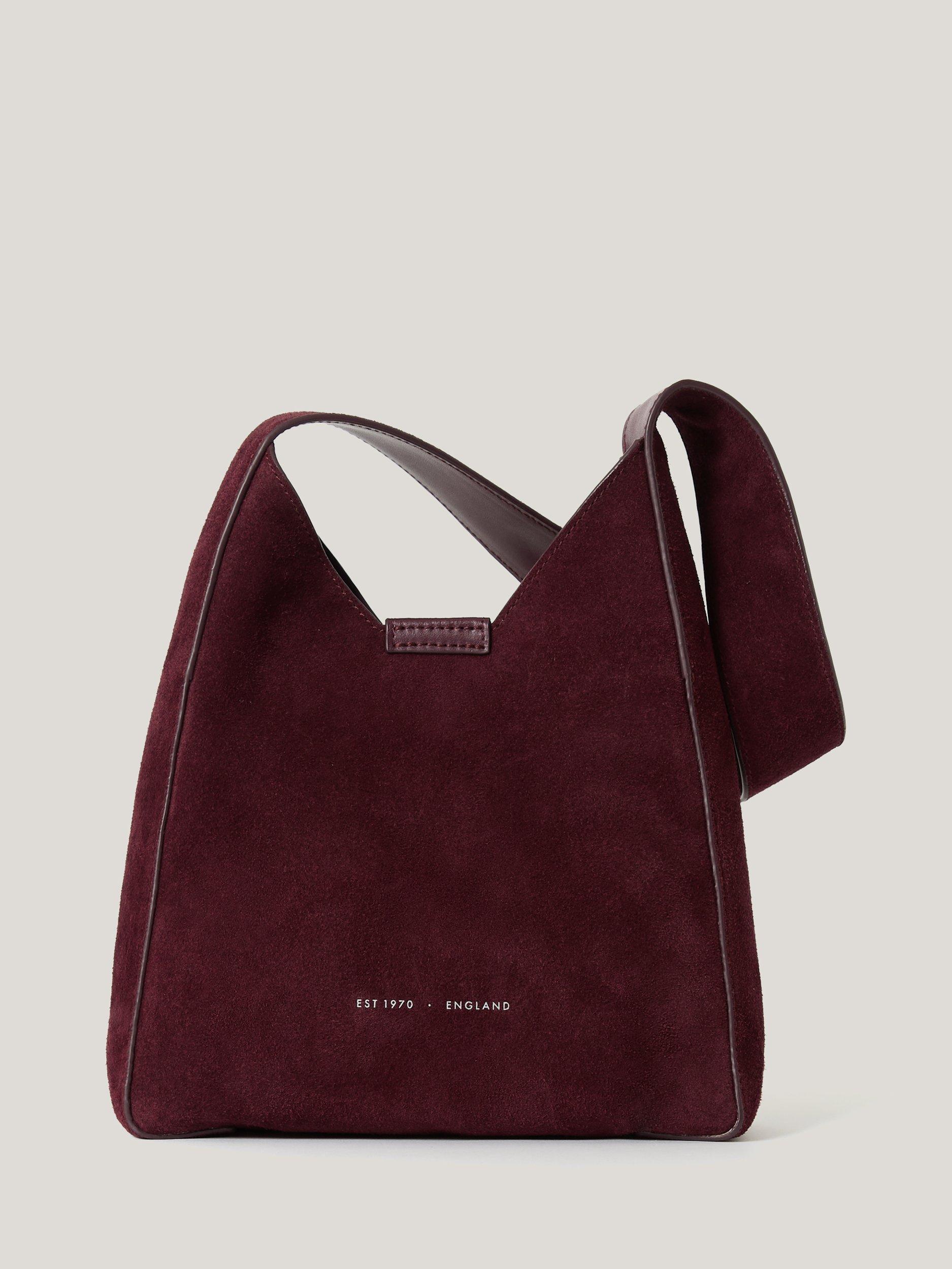 Product image 1 of 6, which shows Jigsaw Mini Heckfield Suede Tote Bag, Burgundy