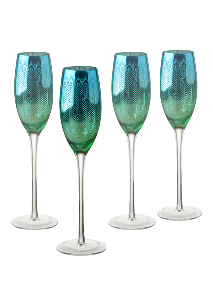 Artland Peacock Electroplated Champagne Flute, Set of 4, 200ml, Green, Green