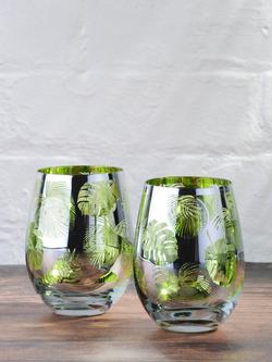 Artland Tropical Leaves Electroplated Double Old Fashioned Glass Tumbler, Set of 4, 550ml, Green - view 2, Green