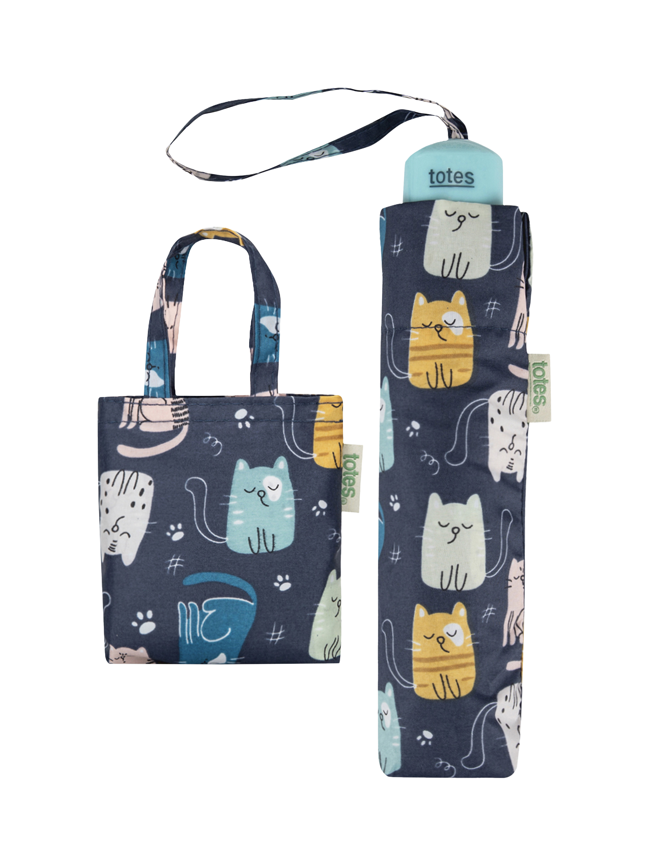 Product image 1 of 5, which shows totes Cat Supermini Umbrella & Matching Shopper Bag, Blue