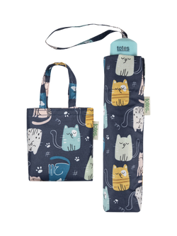 totes Cat Supermini Umbrella & Matching Shopper Bag, Blue, Blue