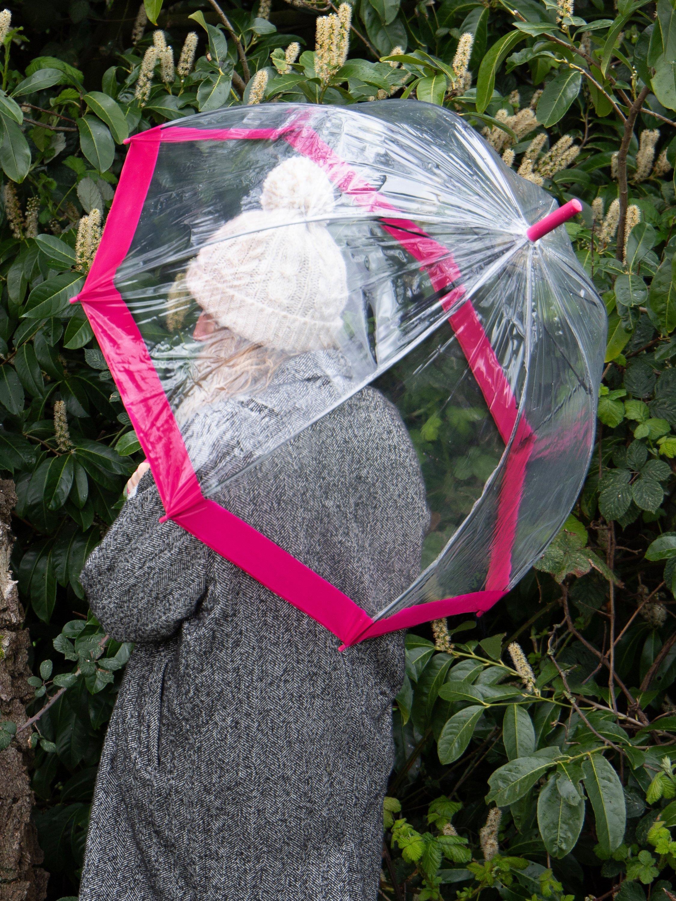 Product image 4 of 4, which shows totes ECO-BRELLA Clear PVC Dome Umbrella, Pink