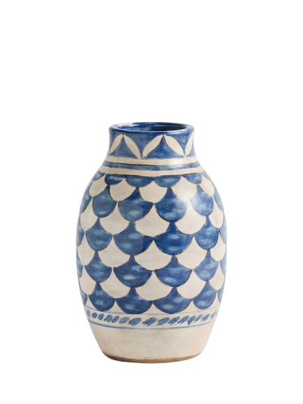 Pottery Barn Patterned Terracotta Clay Vase, H31cm, Blue/Ivory, Blue