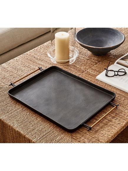 Pottery Barn Beltic Rectangular Aluminium Tray with Leather Wrap Handles, Bronze - view 2, Bronze
