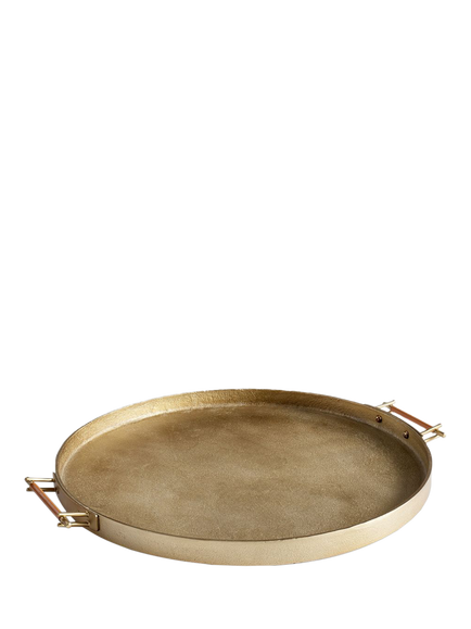Pottery Barn Beltic Round Aluminium Tray with Leather Wrap Handles, Brass, Brass