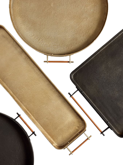 Pottery Barn Beltic Round Aluminium Tray with Leather Wrap Handles, Brass - view 2, Brass