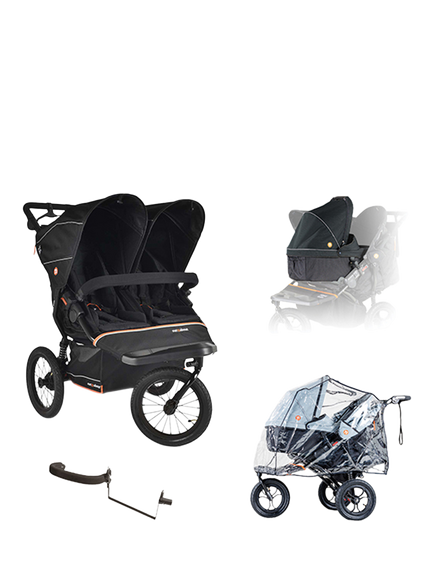 Out'n'About Nipper V6 Plus Double Pushchair Newborn & Toddler Bundle, Summit Black, Summit Black