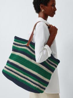 John Lewis Knitted Cotton Tote Bag, Multi - Grn/ Nvy - view 2, Multi - Grn/ Nvy