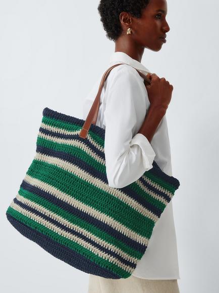 John Lewis Knitted Cotton Tote Bag, Multi - Grn/ Nvy - view 2, Multi - Grn/ Nvy
