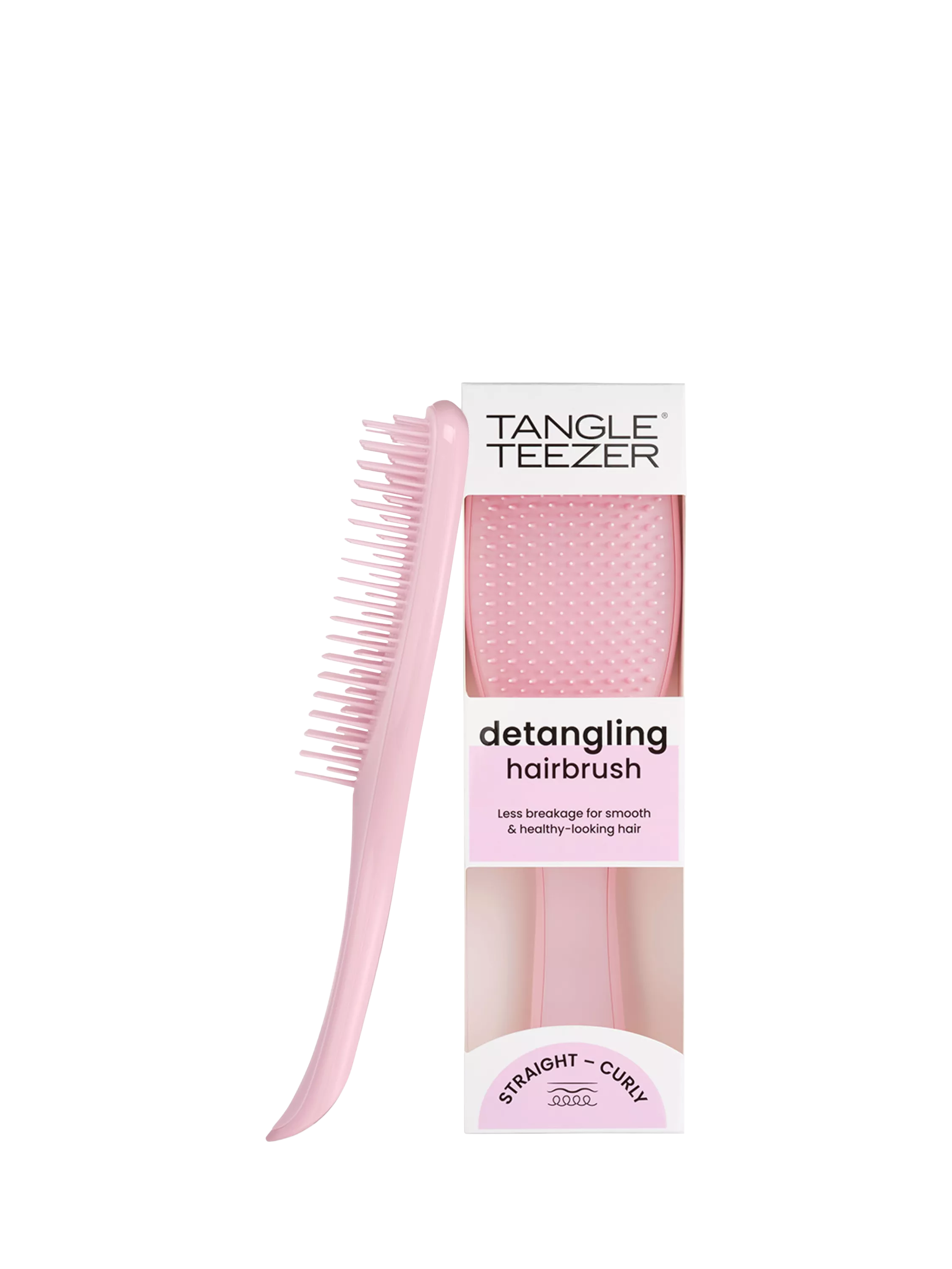 Pink Tangle Teezer detangling hairbrush with packaging, designed for smooth and healthy-looking hair.