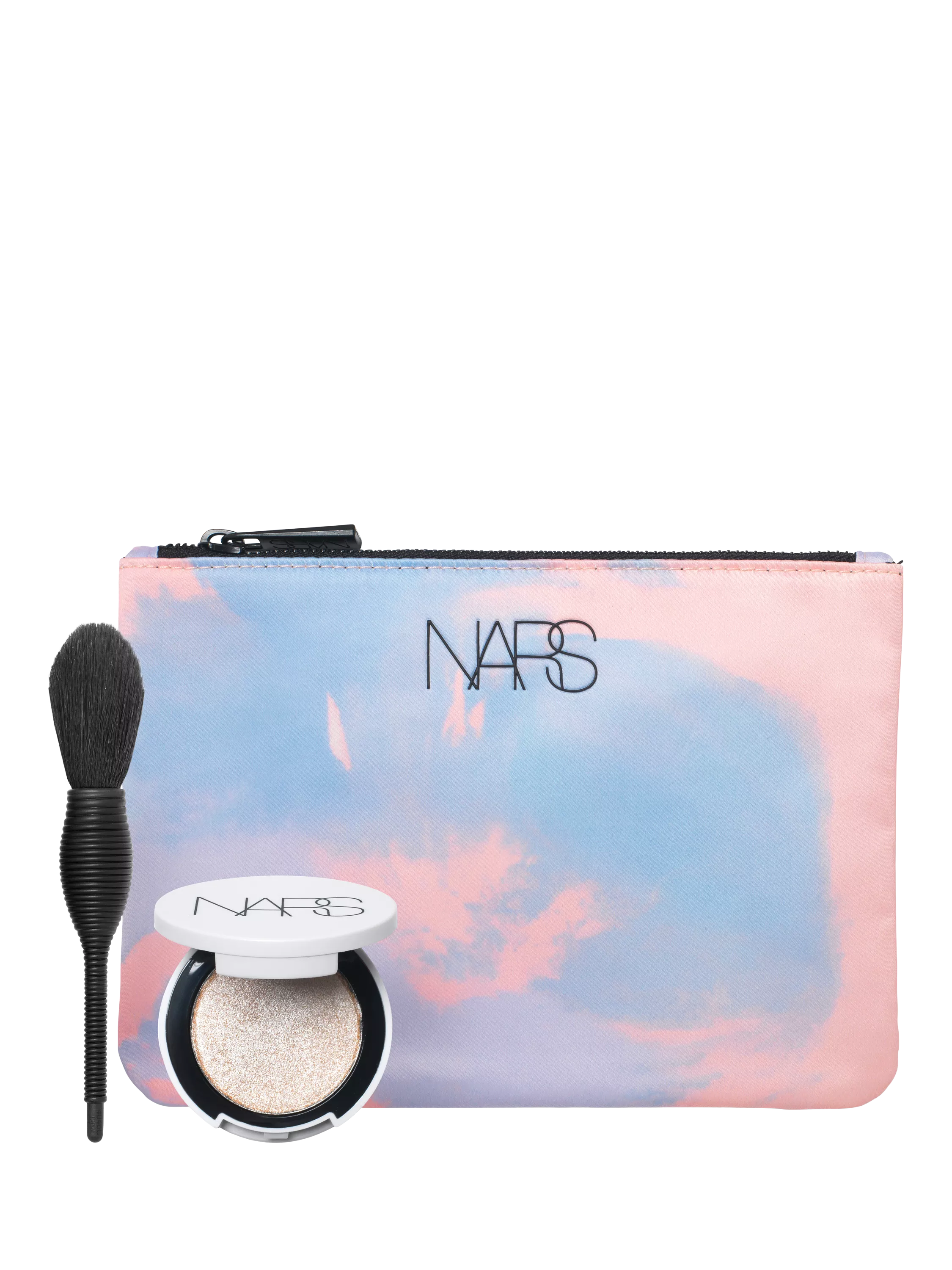 NARS pastel zip makeup bag with face brush and shimmering highlighter compact, beauty gift set product photo