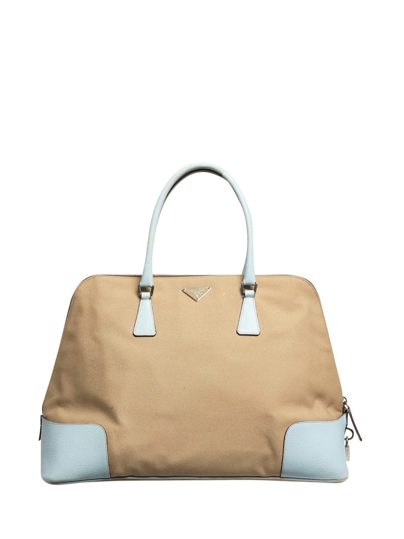 Product image 1 of 10, which shows Pre-loved Prada Canvas Silver Hardware Top Handle Bag, Blue