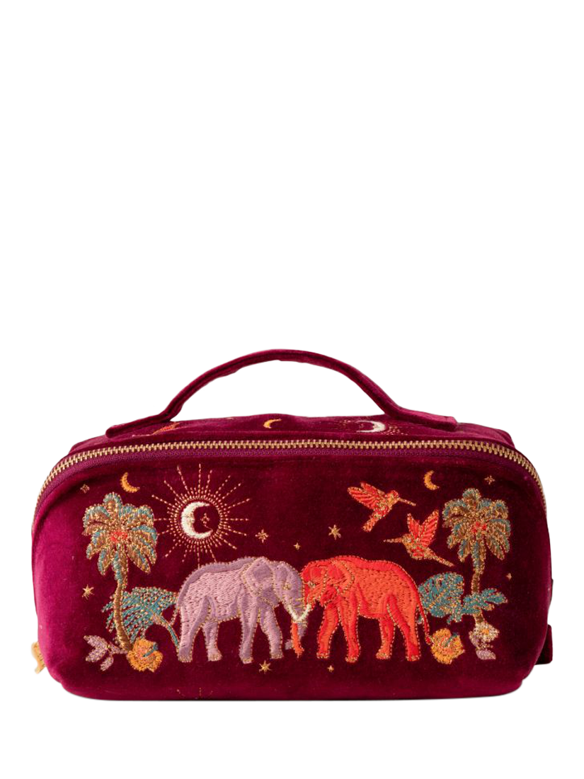 Product image 1 of 4, which shows Elizabeth Scarlett Enchanted Elephant Flat Lay Makeup Bag, Ruby