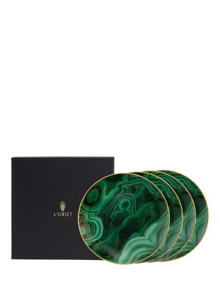 L'OBJET Malachite Porcelain Canape Plates, Set of 4, 13cm, Green/Gold, Green