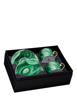 L'OBJET Malachite Porcelain Cups & Saucers, Set of 2, Green/Gold, Green