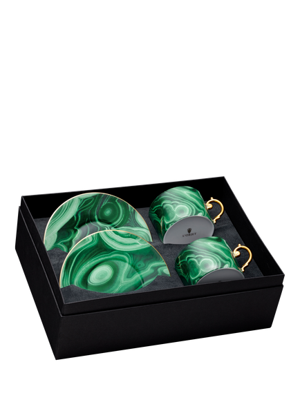 L'OBJET Malachite Porcelain Cups & Saucers, Set of 2, Green/Gold, Green