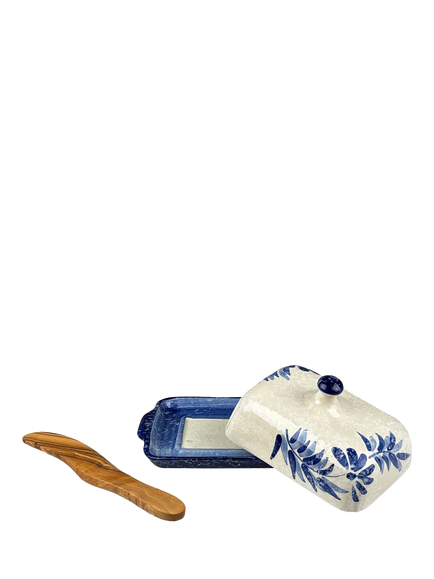 Selbrae House Artisan Stoneware Butter Dish & Olive Wood Knife, Blue, Multi