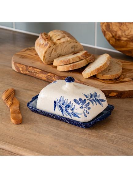 Selbrae House Artisan Stoneware Butter Dish & Olive Wood Knife, Blue - view 2, Multi