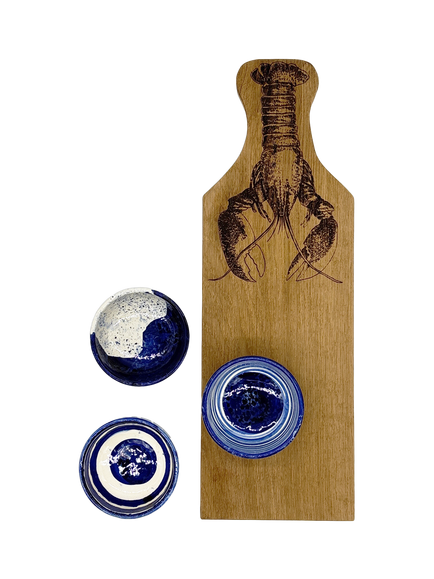 Selbrae House Artisan Stoneware Dip Bowls & Oak Wood Serving Board, 53cm, Blue/Natural, Multi