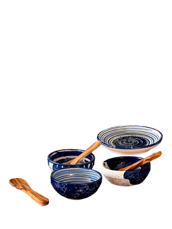 Selbrae House Artisan Oil & Garlic Stoneware Bowls with Olive Wood Spoons Set, Multi