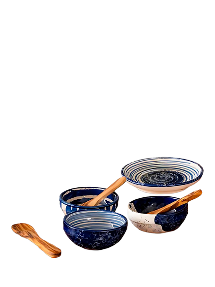 Selbrae House Artisan Oil & Garlic Stoneware Bowls with Olive Wood Spoons Set, Multi