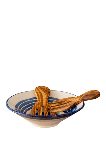 Selbrae House Artisan Stoneware Salad Bowl & Olive Wood Servers, 34cm, Blue/Natural, Multi