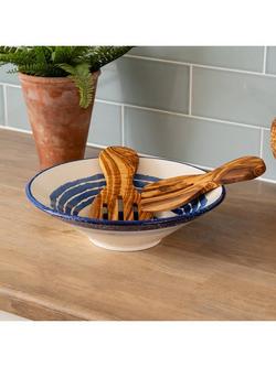 Selbrae House Artisan Stoneware Salad Bowl & Olive Wood Servers, 34cm, Blue/Natural - view 2, Multi