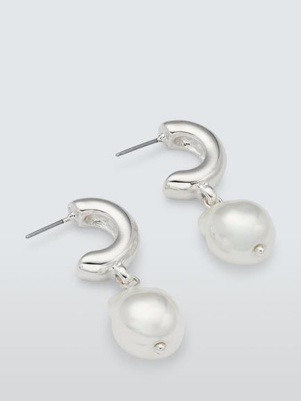 John Lewis Faux Pearl Half Hoop Drop Earrings, Silver/White