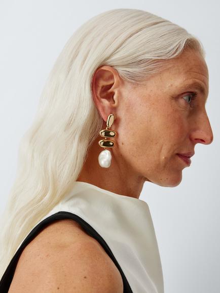 John Lewis Irregular Pebble and Faux Pearl Drop Earrings, Gold/White - view 2, Gold/White