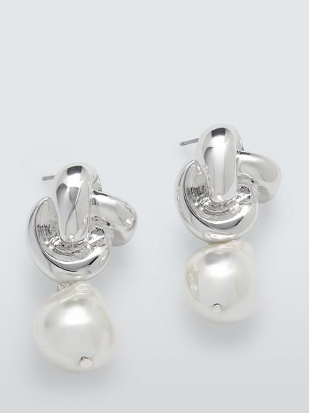 John Lewis Knot and Irregular Faux Pearl Drop Earrings, Silver/White