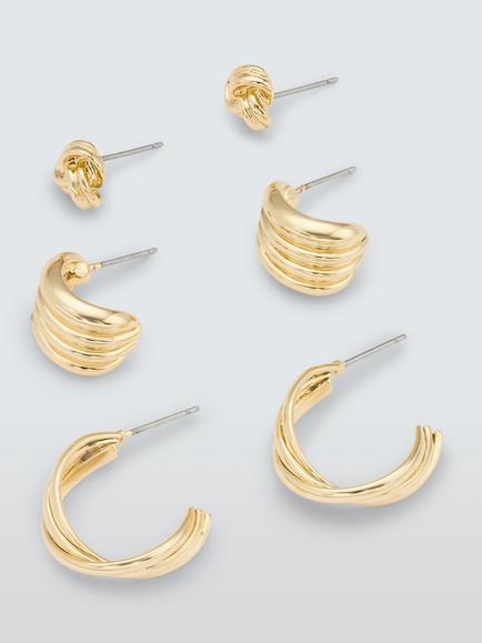 John Lewis Knot Stud, Twist and Ridged Small Hoop Earrings, Gold, Set of 3, Gold