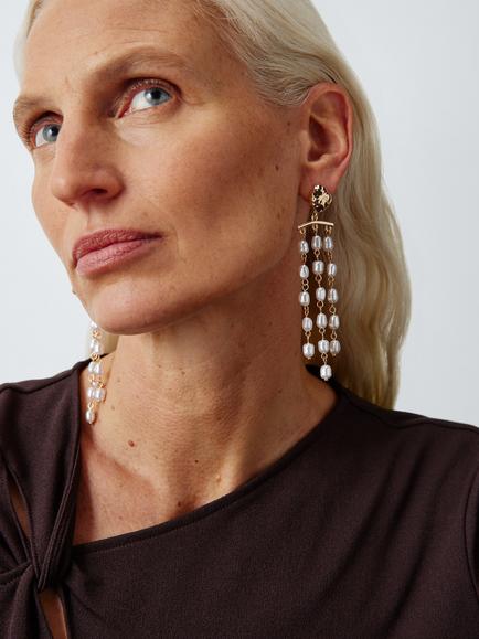 John Lewis Hammered Faux Pearl Drop Earrings, Gold/White - view 2, Gold/White