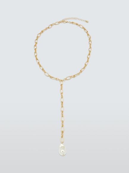 John Lewis Link Chain Y-Profile Necklace with Pearl Drop, Gold, Gold/White