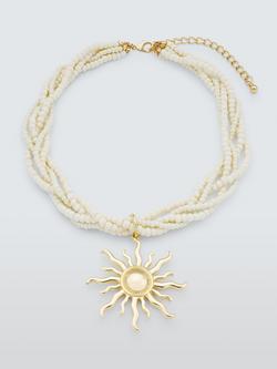 John Lewis Seed Beaded Multi Row Sun Pendant Necklace, Cream/Gold, Gold/Cream