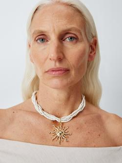 John Lewis Seed Beaded Multi Row Sun Pendant Necklace, Cream/Gold - view 2, Gold/Cream
