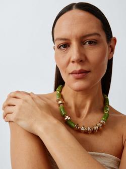 John Lewis Resin Bar Beaded Statement Necklace, Green/Gold - view 2, Green/Gold