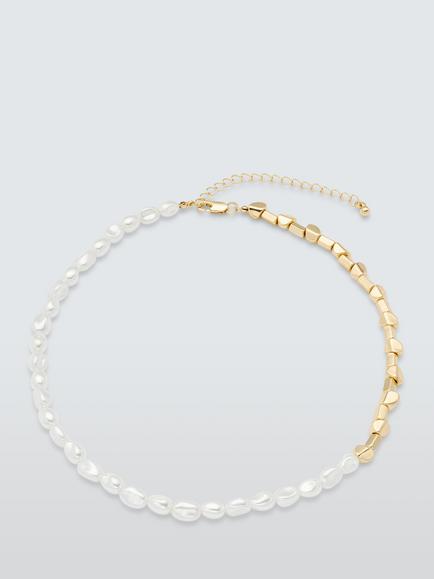 John Lewis Faux Pearl and Metal Beaded Necklace, Gold/White, Gold/White