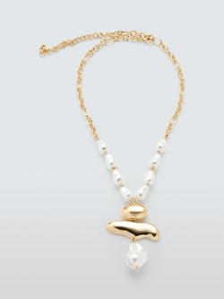 John Lewis Faux Pearl and Molten Drop Necklace, Gold/White, Gold/White