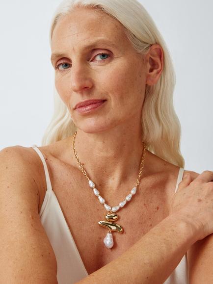 John Lewis Faux Pearl and Molten Drop Necklace, Gold/White - view 2, Gold/White