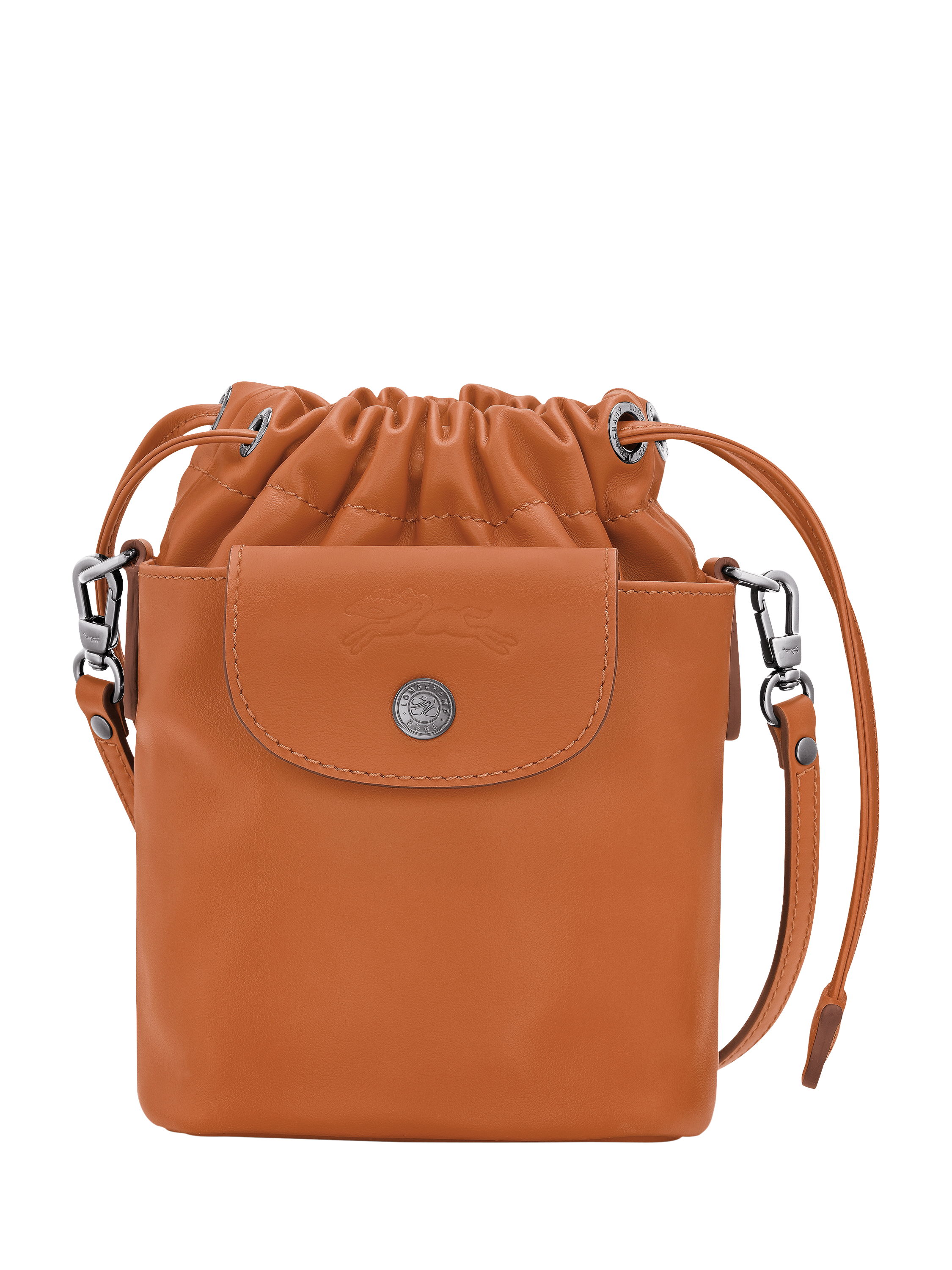 Product image 1 of 6, which shows Longchamp Pliage Extra Small Leather Bucket Bag, Cashew