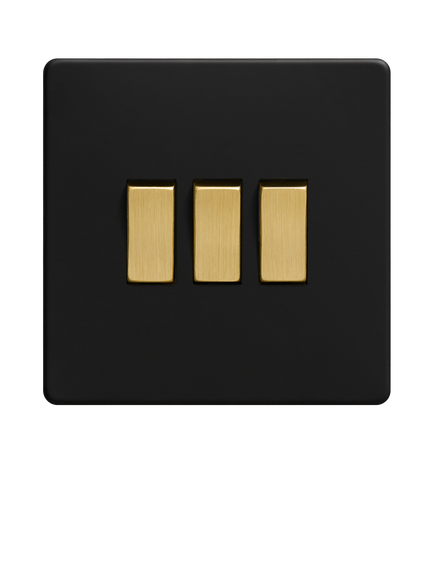 Dowsing & Reynolds Matt Black Triple Rocker Switch - view 2, Gold Switches