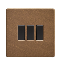 Dowsing & Reynolds Antique Brass Triple Rocker Switch - view 2, Black Switches