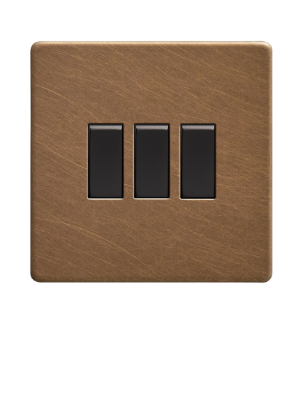 Dowsing & Reynolds Antique Brass Triple Rocker Switch - view 2, Black Switches