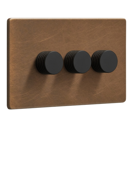 Dowsing & Reynolds Antique Brass Triple Dimmer Switch, Black Knobs