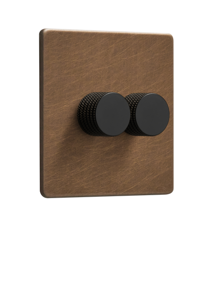 Dowsing & Reynolds Antique Brass Double Dimmer Switch, Black Knobs