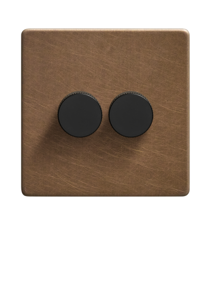 Dowsing & Reynolds Antique Brass Double Dimmer Switch - view 2, Black Knobs